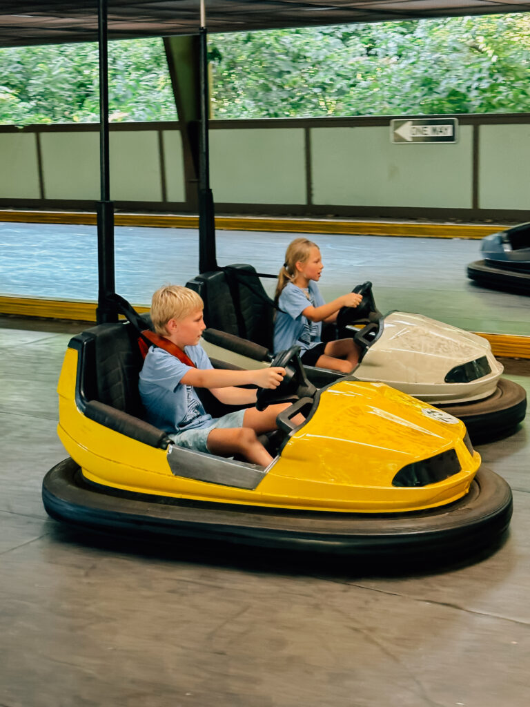 Go Kart fun with two kids driving their karts by. 