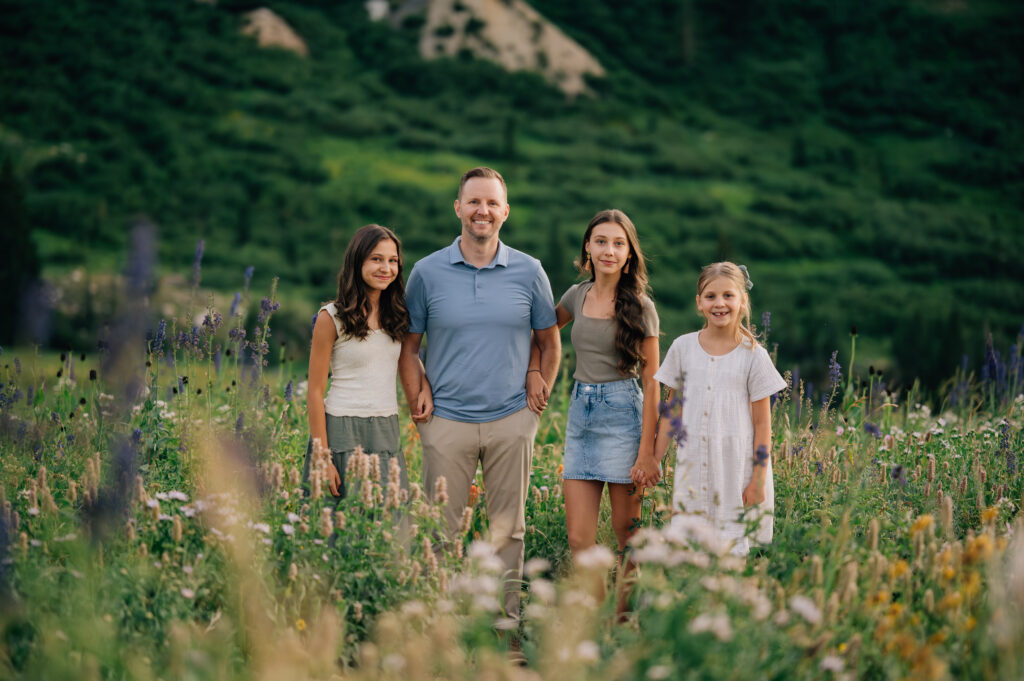 Dad with girls during Family Session in Little Cottonwood Canyon, UT