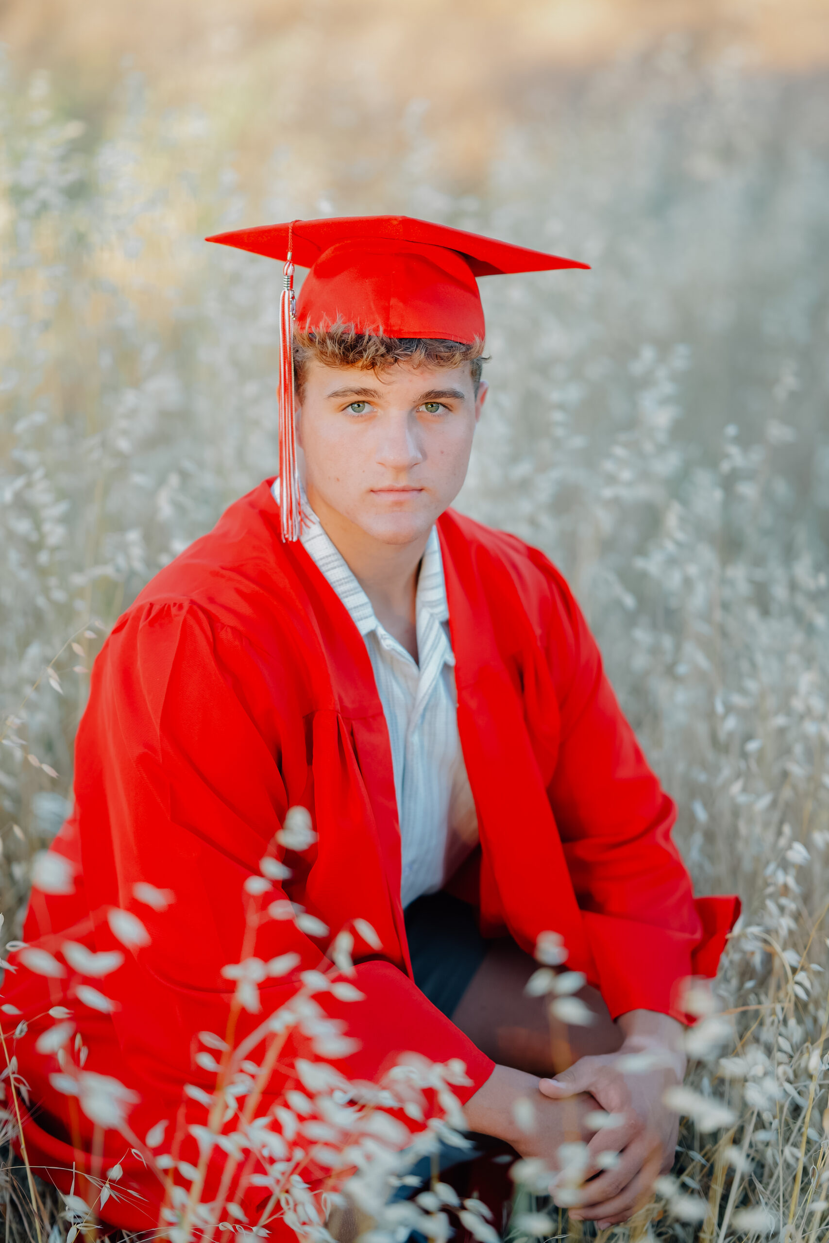 Graduate sitting in a field of tall golden grass dressed in his graduation robes during a sunset shoot.