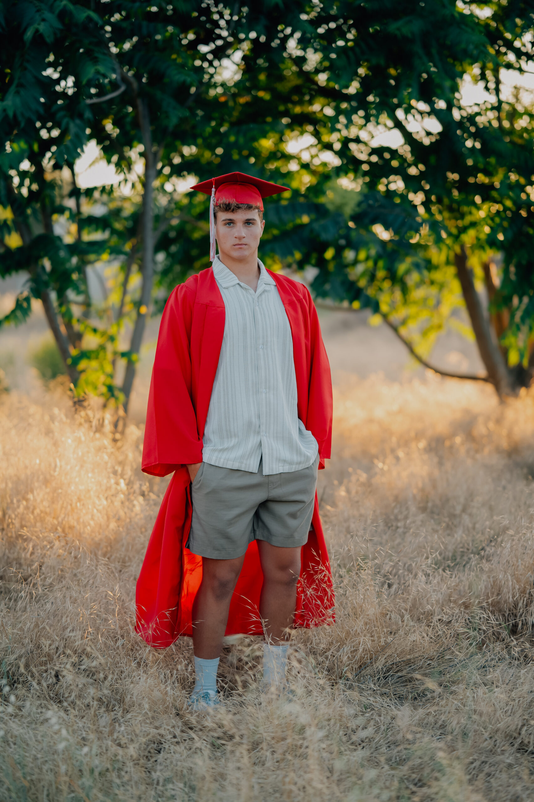 Graduate standing with his in his pockets in a field of tall golden grass dressed in his graduation robes during a sunset shoot.