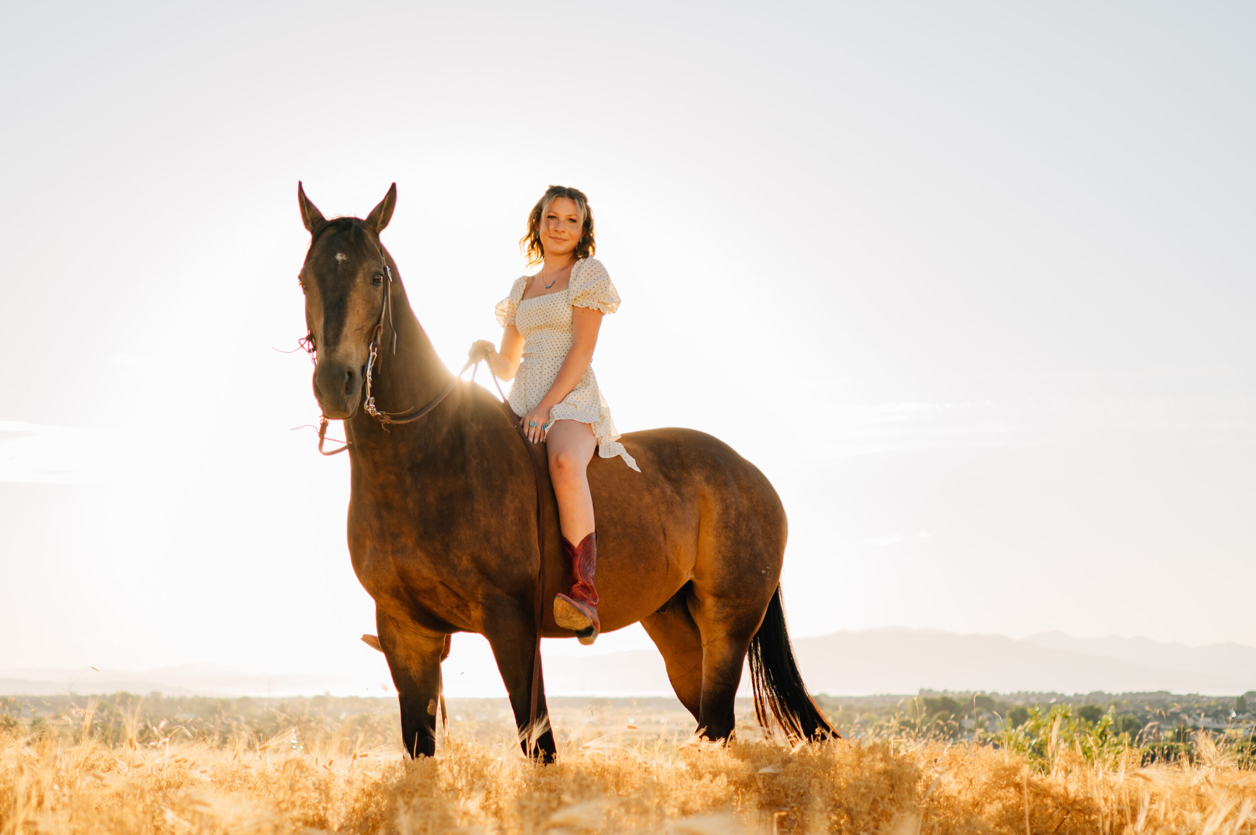 Just a girl with her horse. As the sun is setting a girl sits on her horse smiling on.