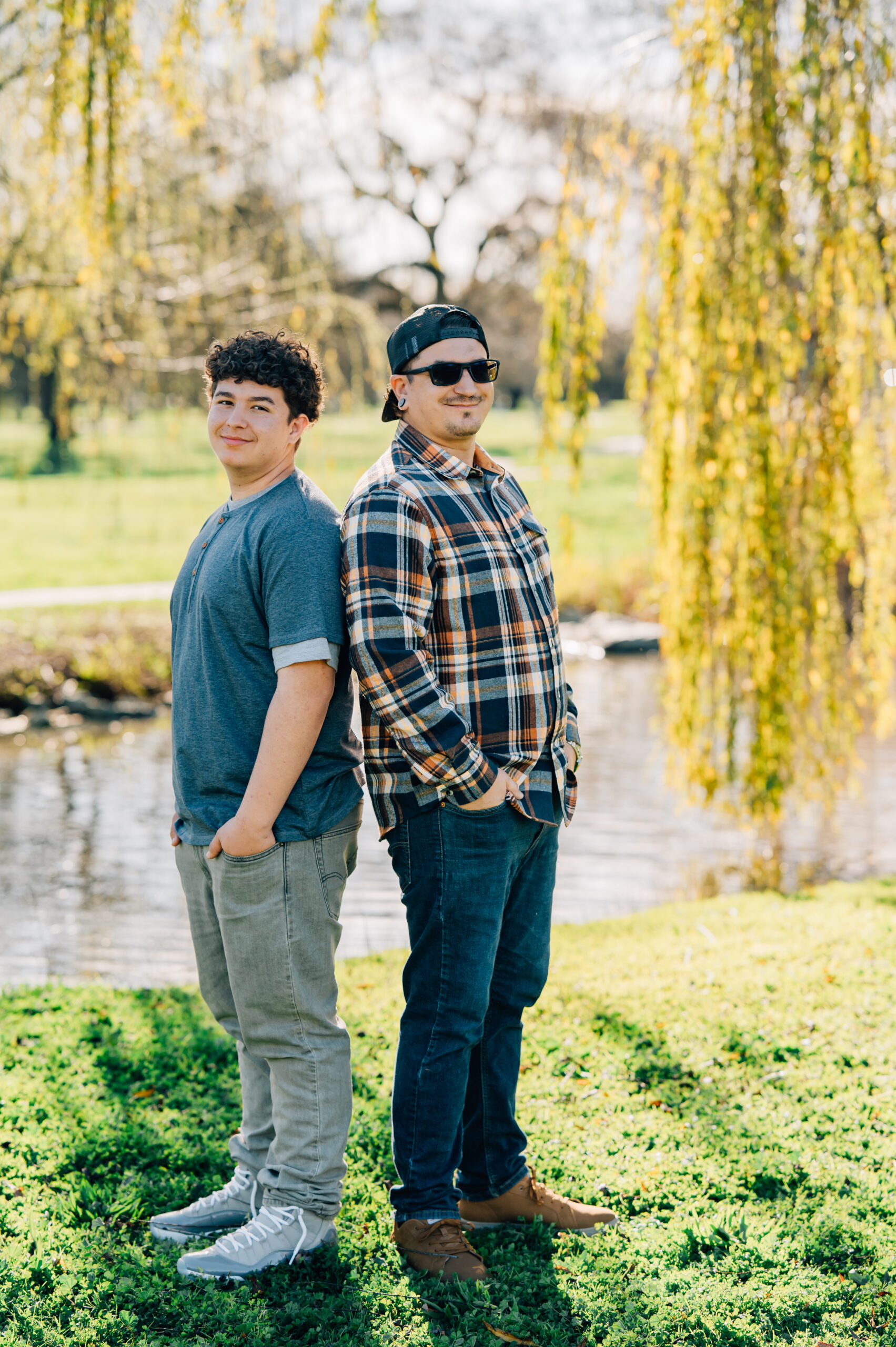 father and son portrait in golden evening light