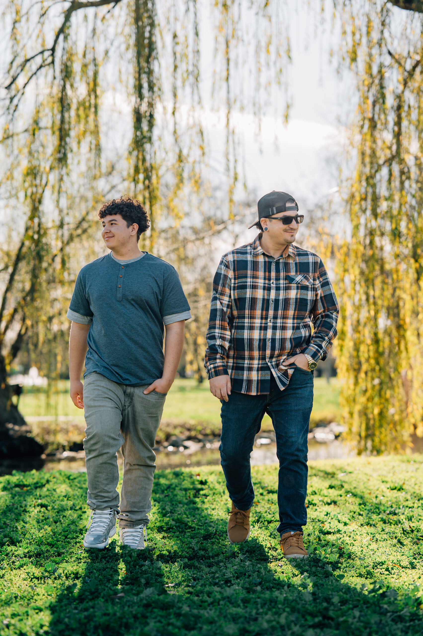 father and son portrait in golden evening light