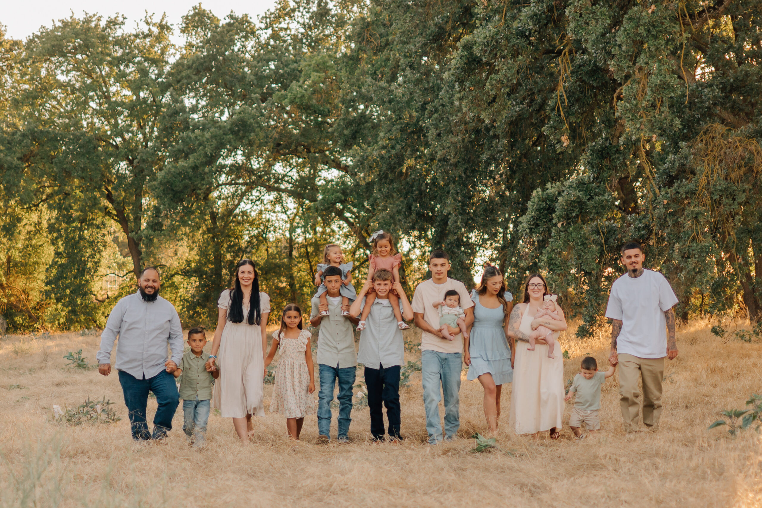 Extended family walking hand in hand through dry golden grass during a summer family photography session in Ripon.
